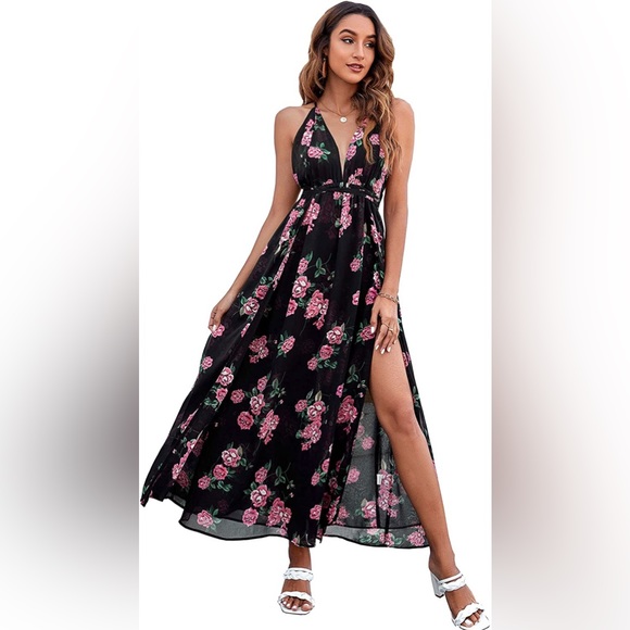 Aigeman Women's Sleeveless Backless with Crossover Straps Deep V Neck Maxi Dress - Picture 2 of 4